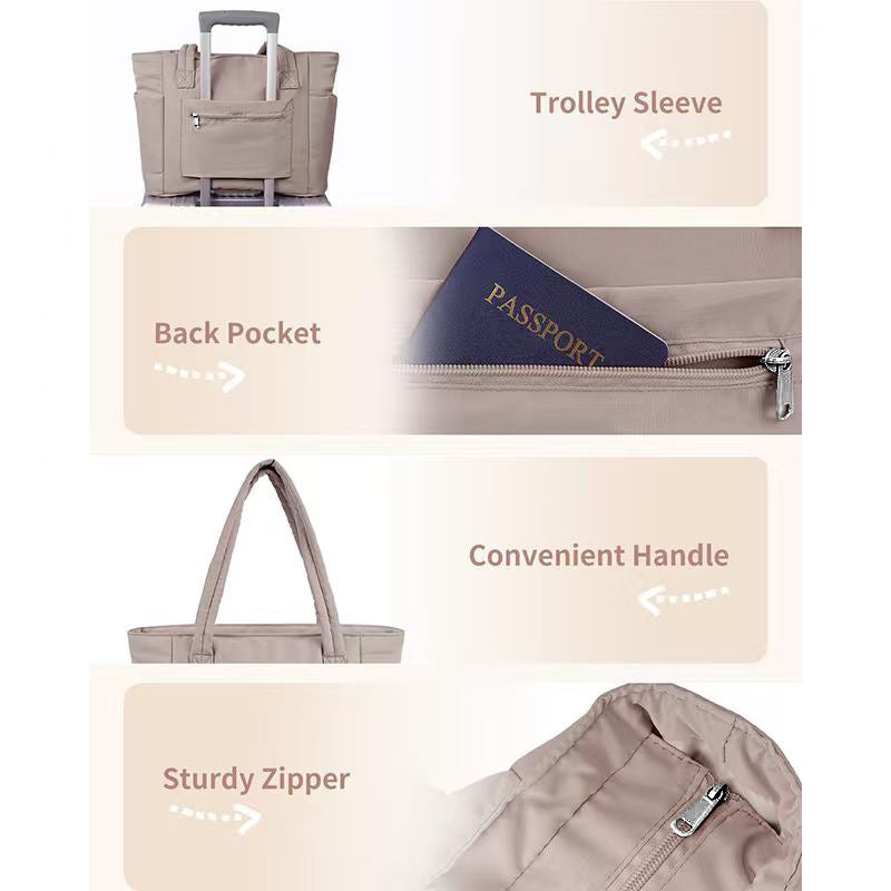 Khaki Quilted Puffer Nylon Tote/Laptop Bag for Women with Internal Cup Holder and Front & Side Pockets - Multi-Pocket Travel Handbag Fit in 15.7" Laptop