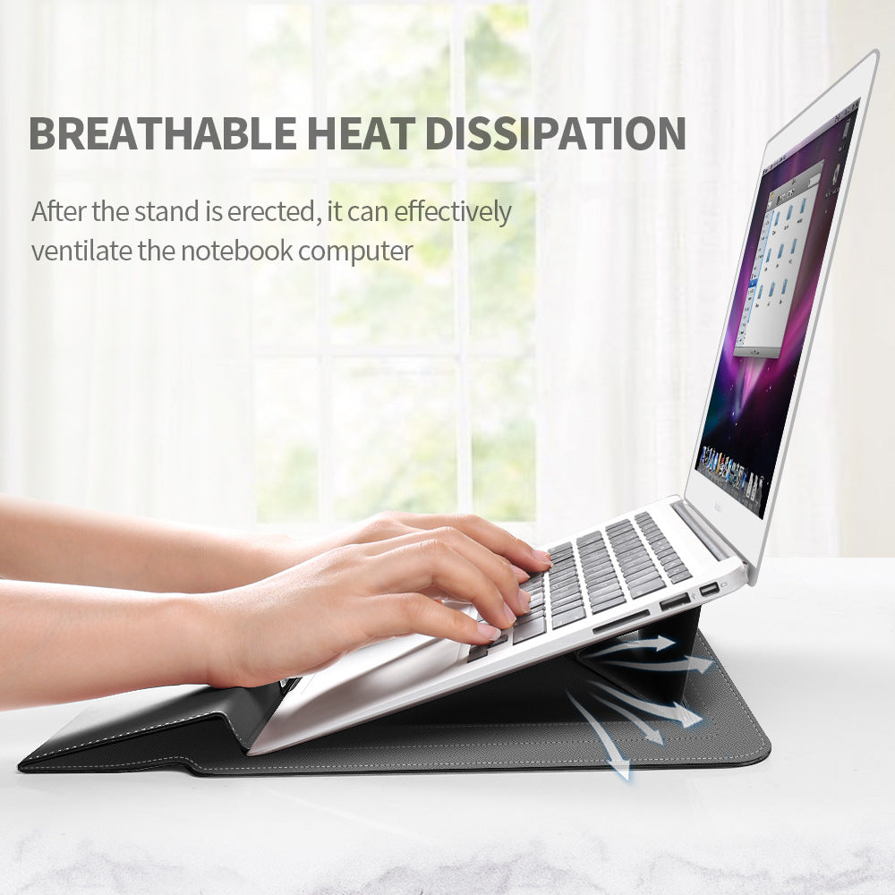 Black 3-in-1 Laptop Sleeve with Built-In Stand & Wrist Rest – Waterproof PU Protective Case for 15/16 Inch Laptops, Portable and Ergonomic Design