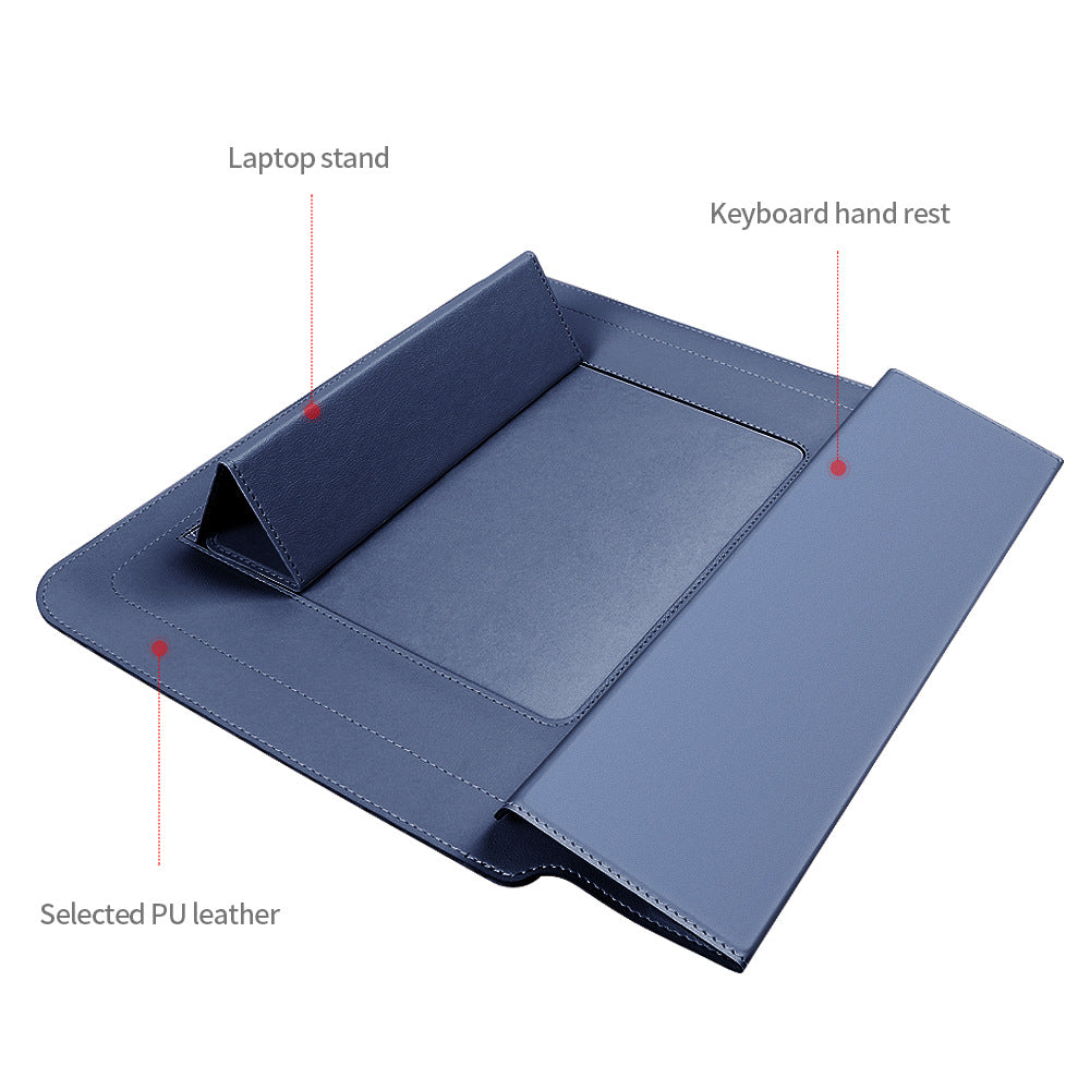 Grey 3-in-1 Laptop Sleeve with Built-In Stand & Wrist Rest – Waterproof PU Protective Case for 15/16 Inch Laptops, Portable and Ergonomic Design
