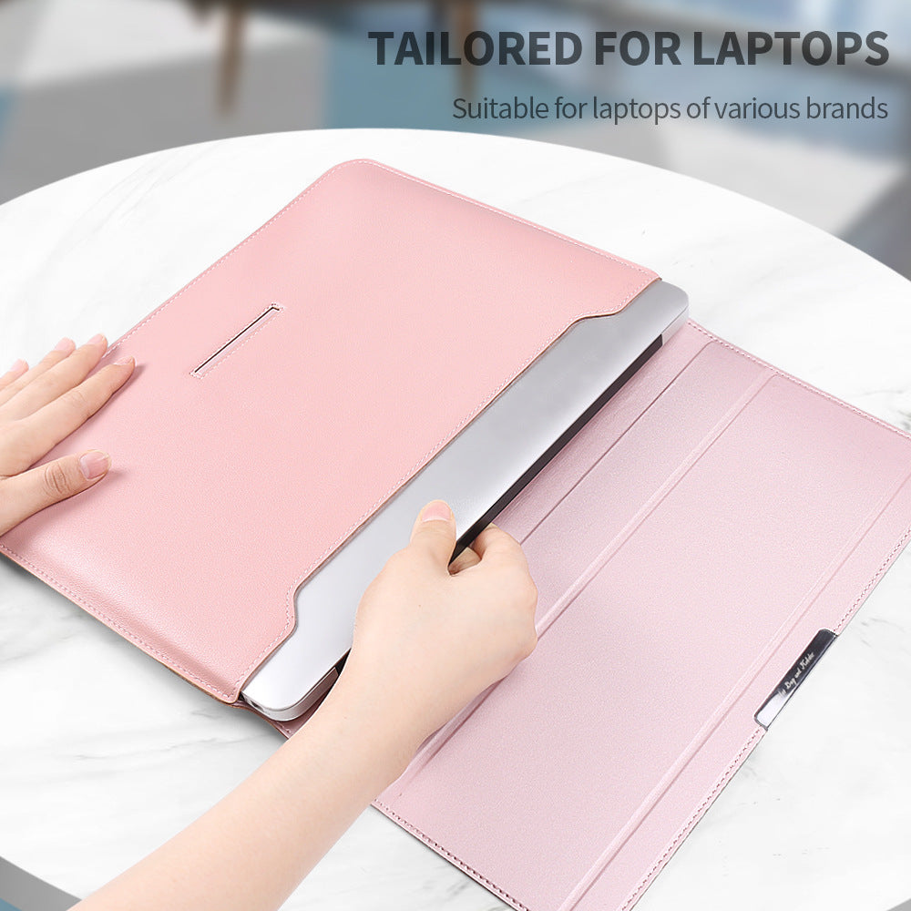 Grey 3-in-1 Laptop Sleeve with Built-In Stand & Wrist Rest – Waterproof PU Protective Case for 15/16 Inch Laptops, Portable and Ergonomic Design